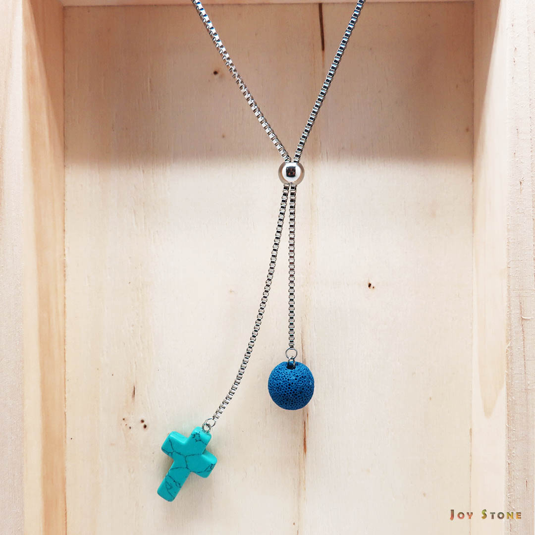 Blue Turquoise Cross Diffuser Lava Beaded Y-Necklace Titanium Steel Mid Length