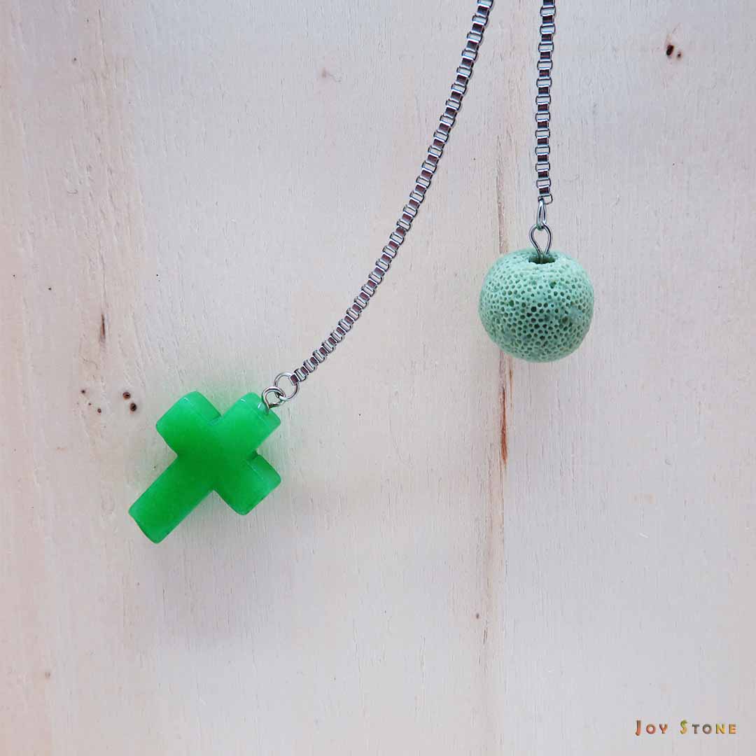 Green Stone Cross Diffuser Lava Beaded Y-Necklace Titanium Steel Mid Length