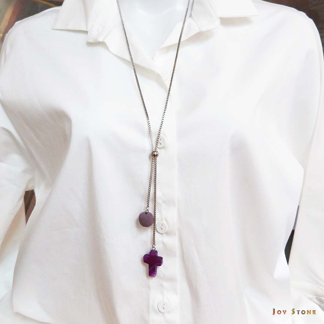 Purple Onyx Cross Diffuser Lava Beaded Y-Necklace Titanium Steel Mid Length