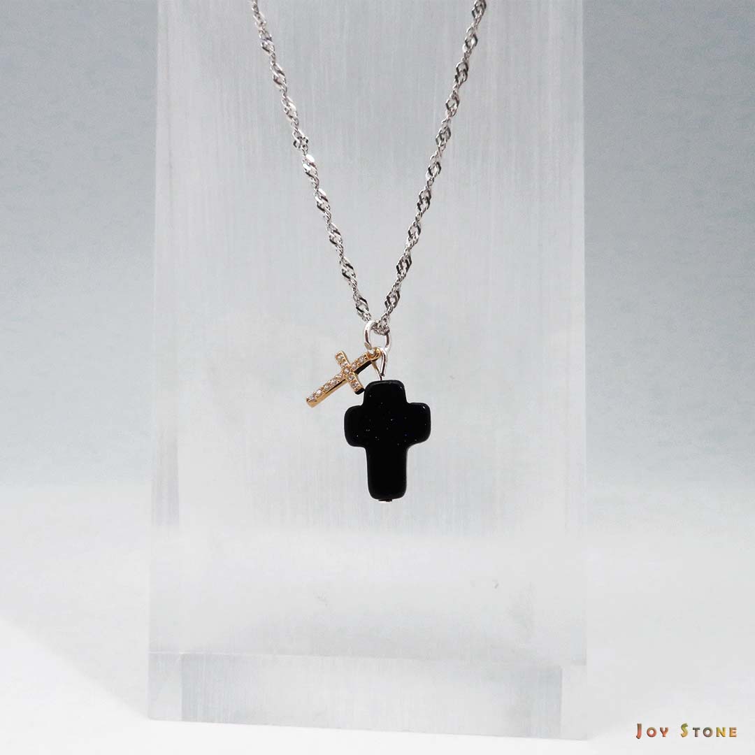 Blue Sand Stone Silver Double Cross Crystal Necklace Micro-Inlaid White Zircon Gold Plated Charm